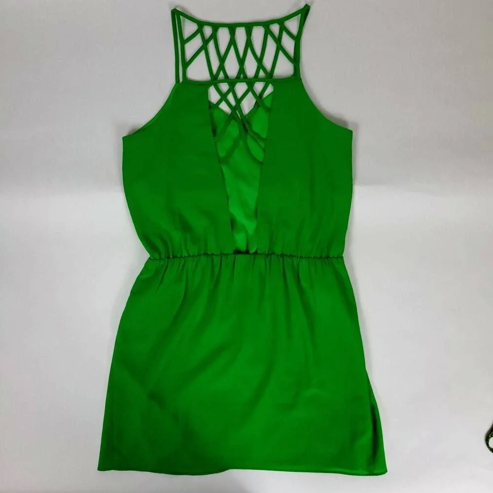 FABLE Green Lattice Back Halter Neck Elastic Waist Mini Dress Women's Size M